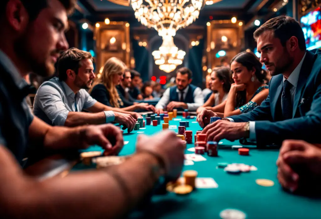 Players around a poker table under a chandelier